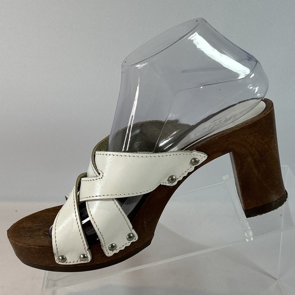 Vintage Candies Chunky Heel Wood Sandal Women's 9 White Leather Straps Studs Y2K - Picture 2 of 13